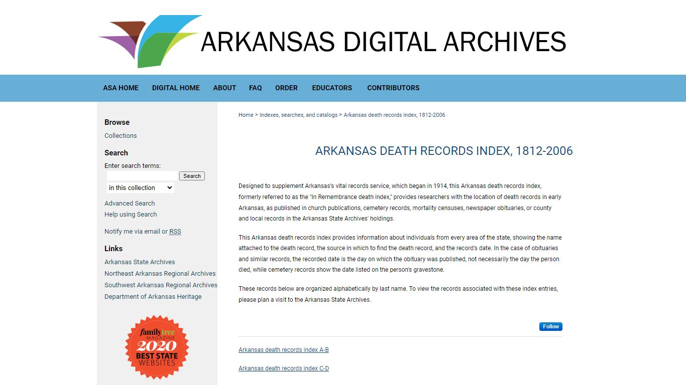 Arkansas death records index, 1812-2006