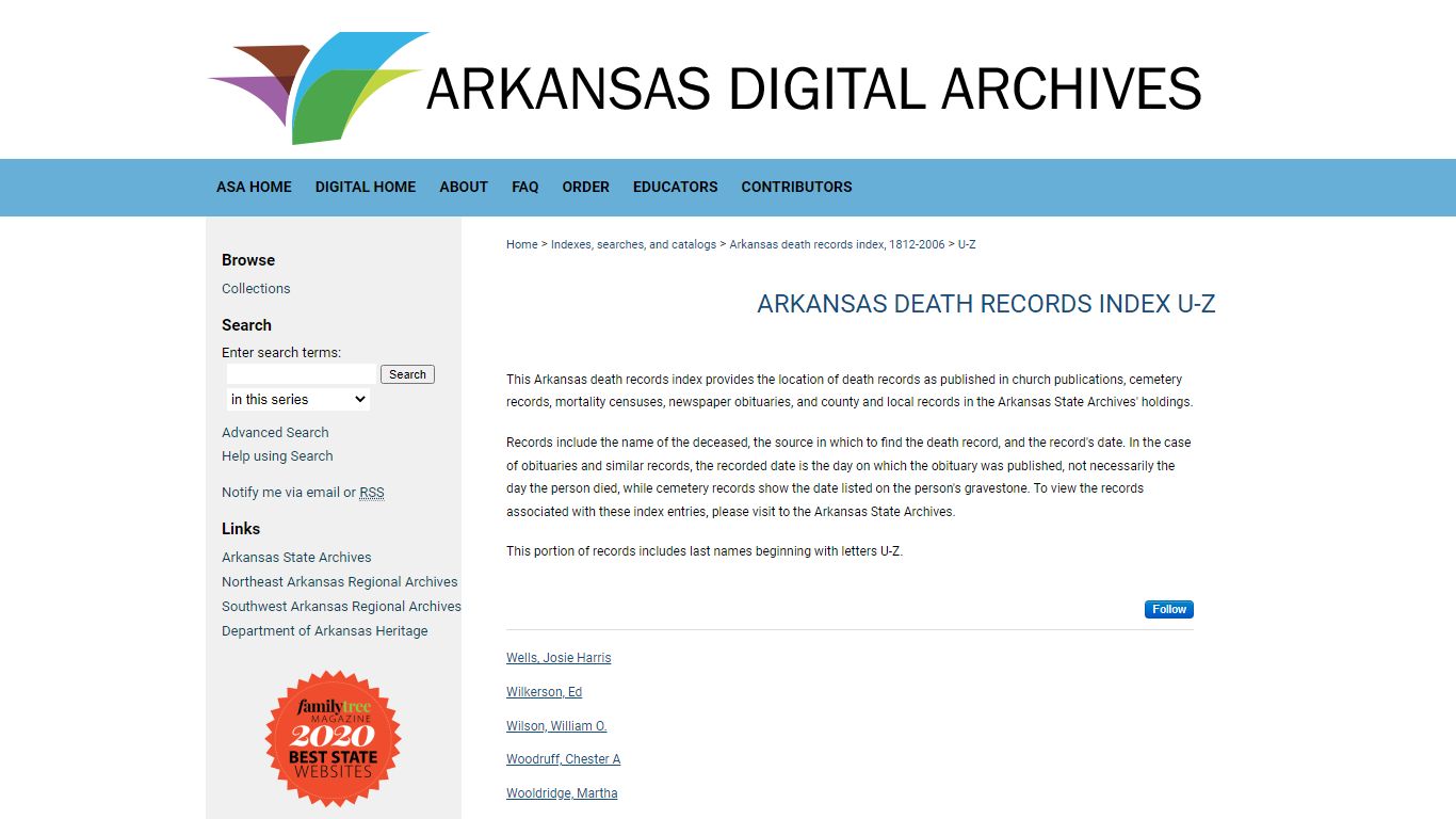 Arkansas death records index U-Z