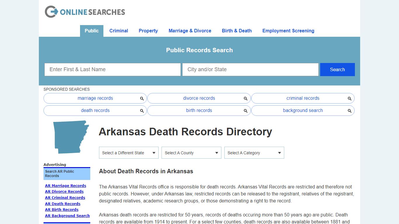 Arkansas Death Records Search Directory - OnlineSearches.com